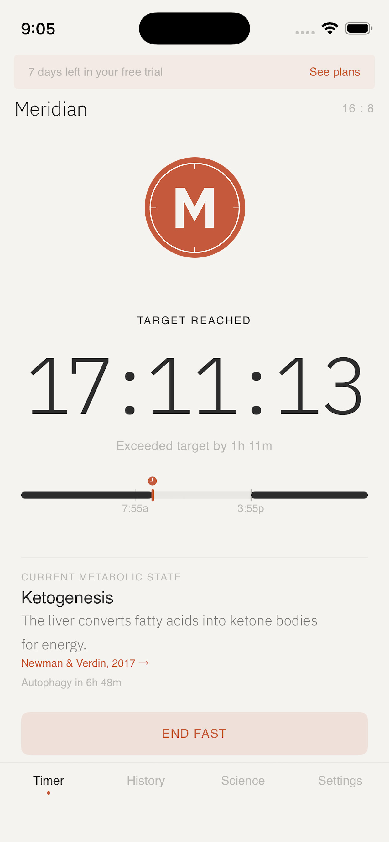 Meridian fasting timer showing active fast with metabolic phase tracking