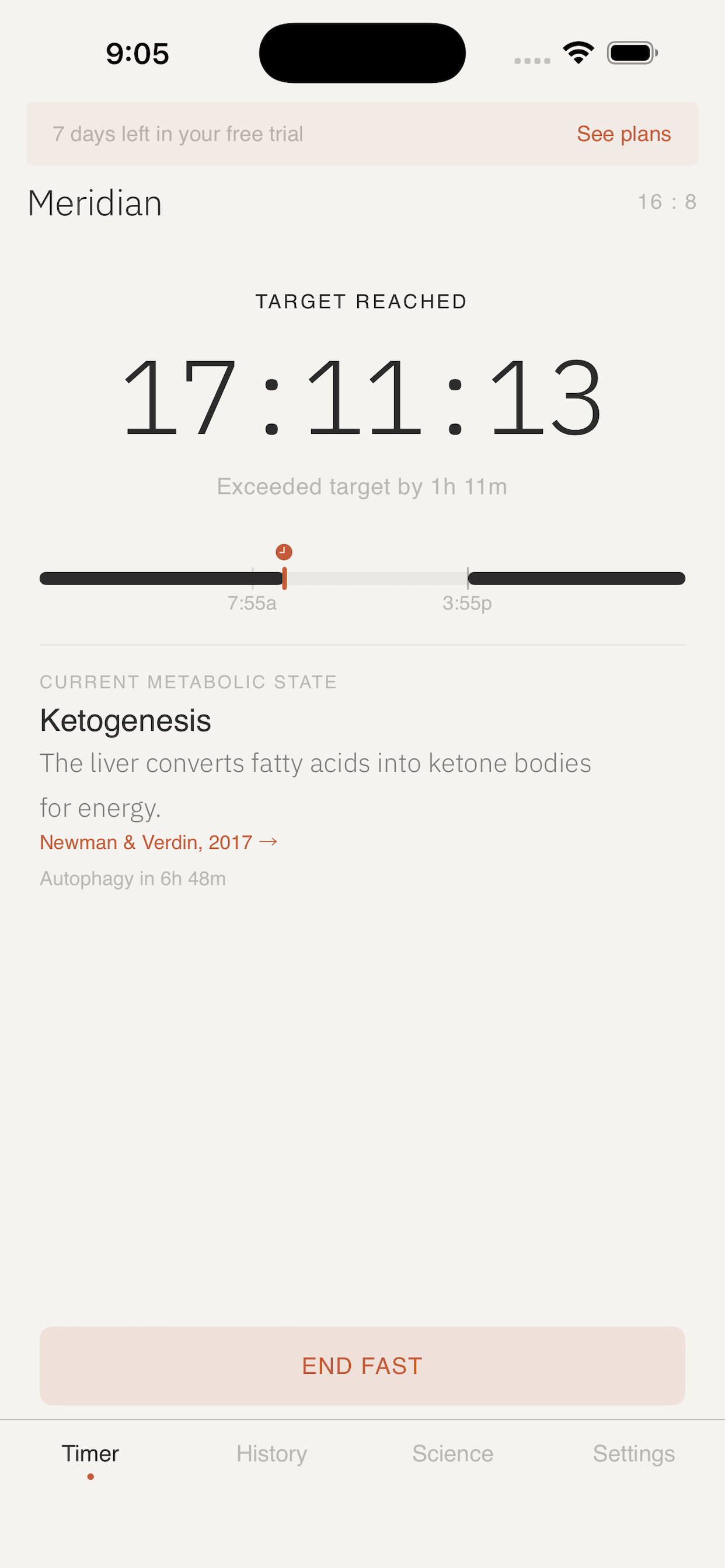 Meridian fasting timer showing active fast with metabolic phase tracking