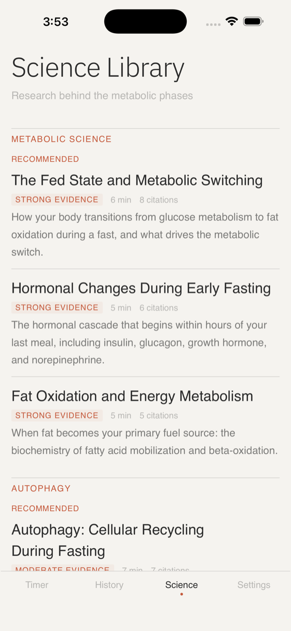 Meridian science library showing peer-reviewed research with citation counts